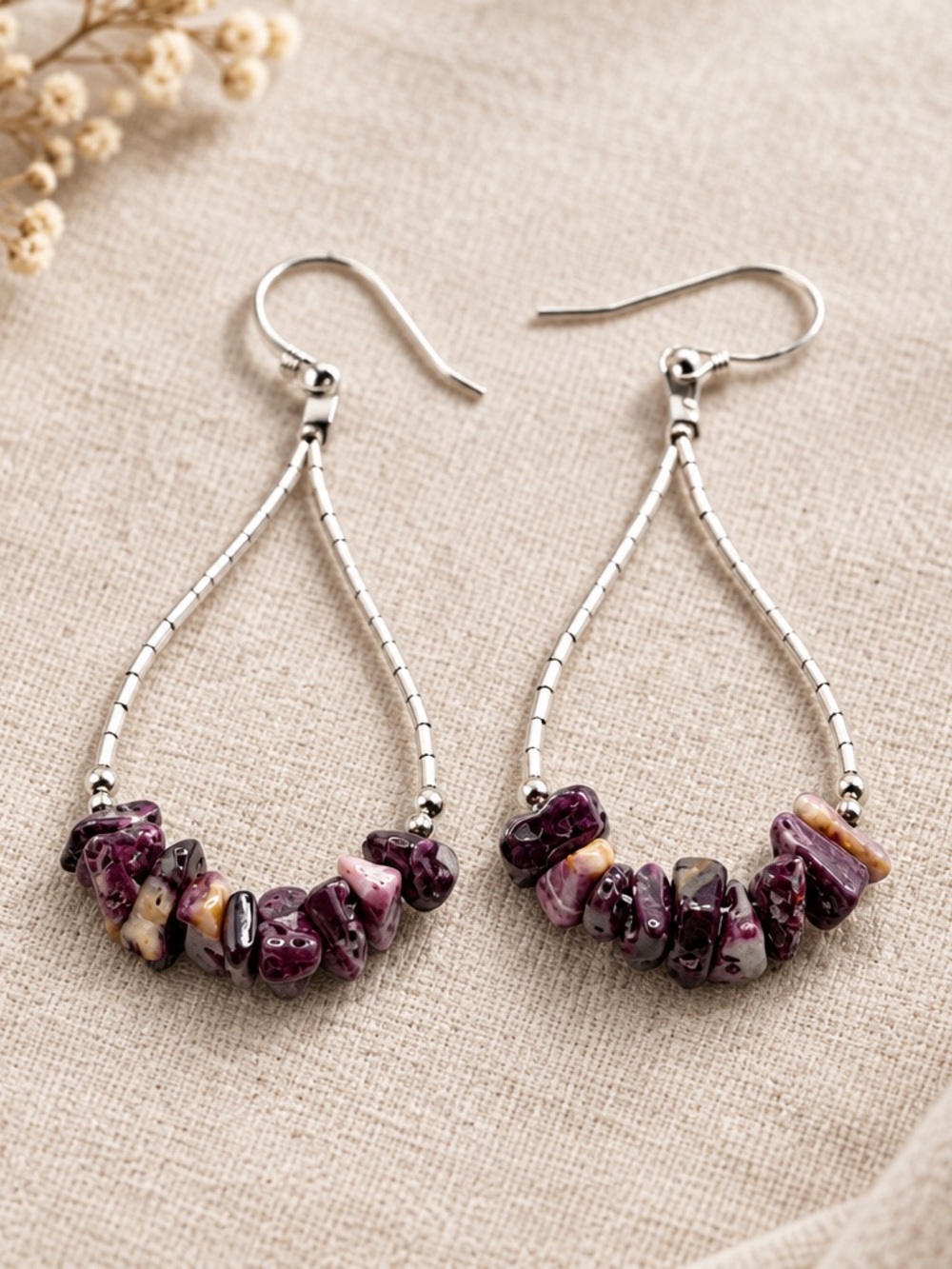 Liquid Sterling Silver Teardrop Purple Spiney Oyster Shell Dangle Earrings